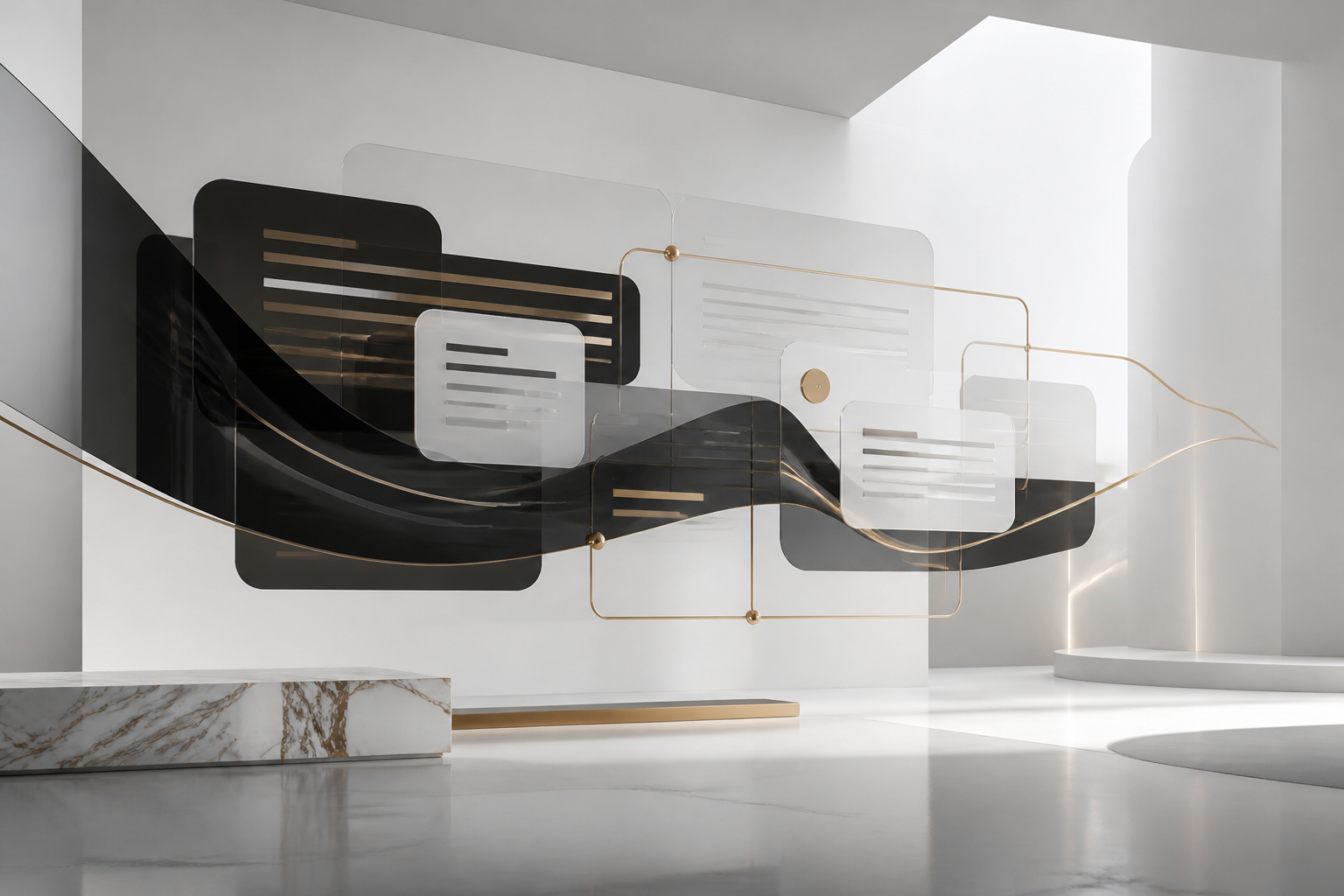 Abstract black glass and champagne-gold AI interface artwork